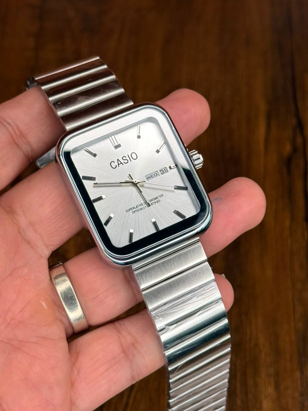 ساعت مچی مردانه کاسیو چهارگوش دوتقویم بند استیل